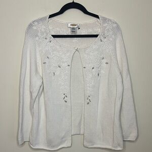 100% Cotton Talbots White Cardigan Sweater With Beaded Floral Accents 3/4 Sleeve